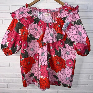 Listicle Pink Red Floral Bib Puffed Sleeve Cotton Blouse, Women’s Size Medium